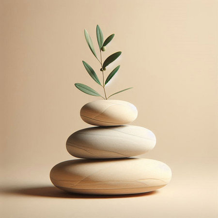Zen stones with olive branch on beige background. 3d renderの素材