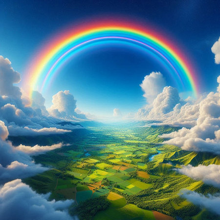 Beautiful rainbow in the sky over the meadow. 3d renderの素材