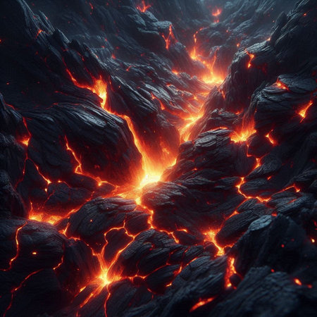 Volcanic eruption. Burning lava in the crater. 3D renderingの素材