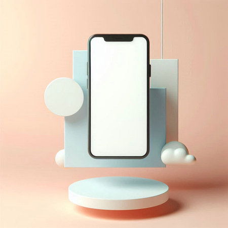 Mobile phone with blank screen on pastel background. 3d renderの素材
