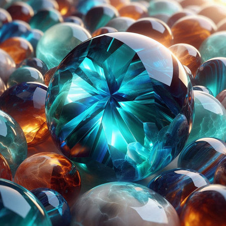 3d rendering of blue and green gemstones with reflection in itの素材