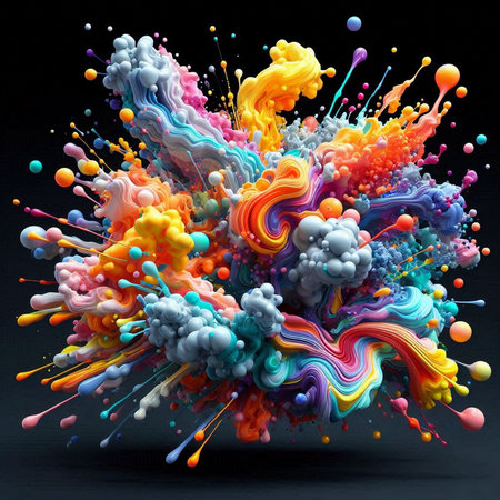 Colorful paint splashes isolated on black background. 3d renderingの素材
