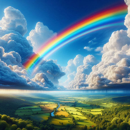 Rainbow over the river and forest on a background of blue skyの素材