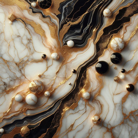 Marble texture with gold and black pearls. 3d illustrationの素材