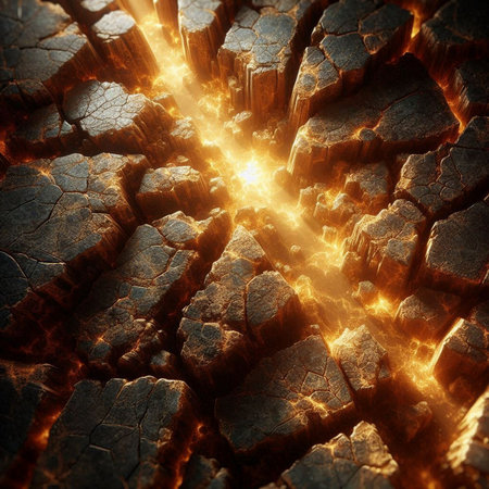 Fractal 3D illustration of a cracked earth with a bright sunの素材