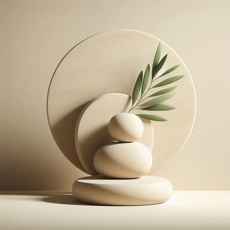 Minimalistic composition with zen stones and olive branch. 3d renderの素材