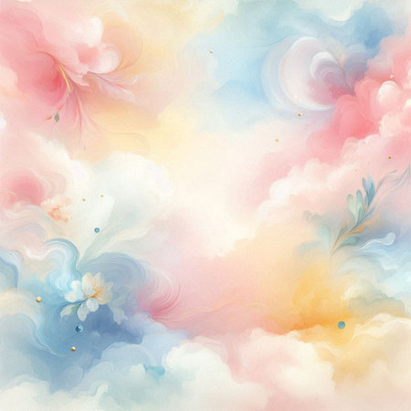 Abstract watercolor background with clouds and flowers. Hand-drawn illustration.の素材