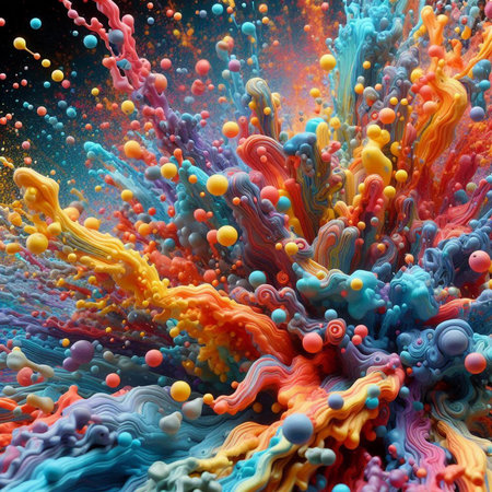 Colorful paint splashes isolated on black background. 3d renderingの素材