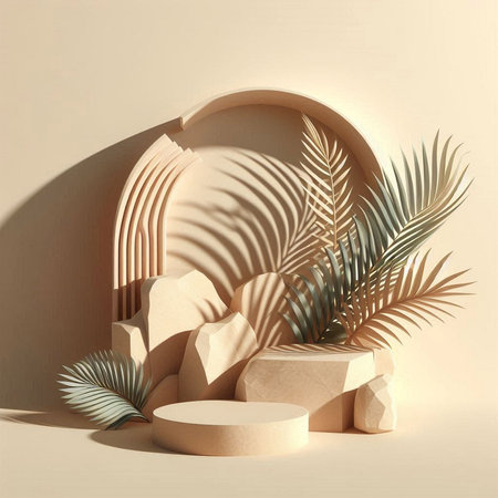 3d render, abstract geometric forms, podium for product presentation.の素材