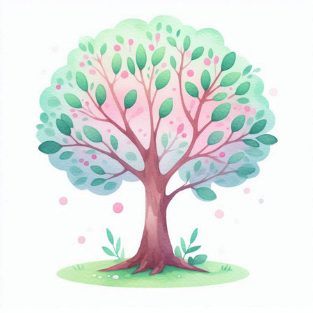 Watercolor tree with green leaves on a white background. Vector illustration.の素材