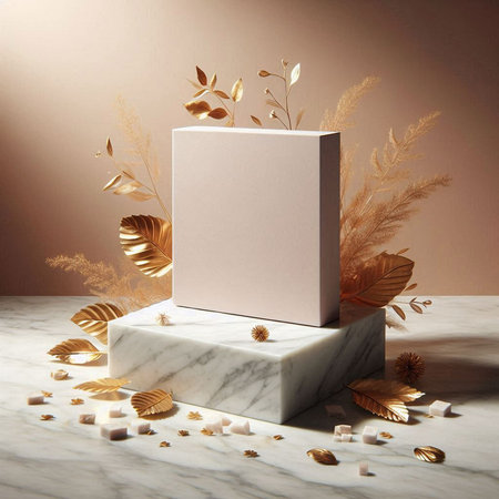 Minimalistic composition with marble podium and golden leaves. 3d renderの素材