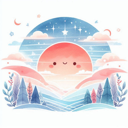 Watercolor landscape with sun, moon and clouds. Vector illustration.の素材