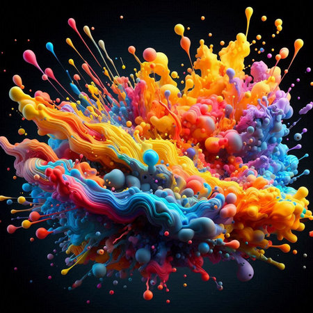 Colorful paint splashes isolated on black background. 3d renderingの素材