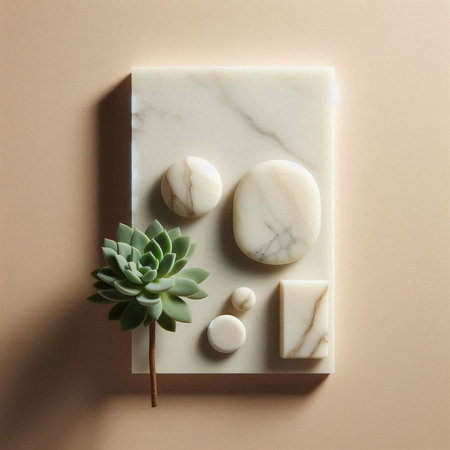 Creative composition with natural stone on beige background. Flat lay, top viewの素材