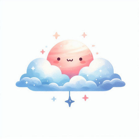 Illustration of cute kawaii cloud with sun, stars and moonの素材