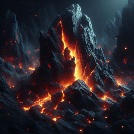 Burning lava in the crater of the volcano. 3D renderingの素材