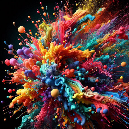 Colorful paint splashes isolated on black background. 3d renderingの素材