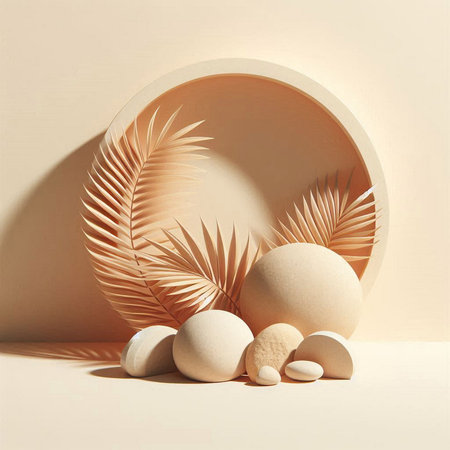 Minimalistic composition with tropical leaves and round podium. 3d renderの素材