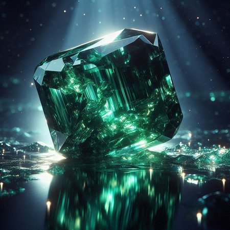 Emerald on a dark background with rays of light. 3d renderingの素材