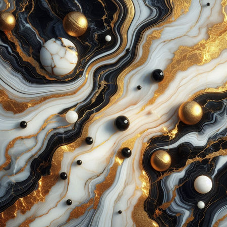 Marble background with gold and black balls. 3d illustration.の素材