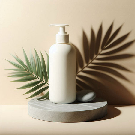 Cosmetic bottle with a dispenser on a beige background with palm leavesの素材