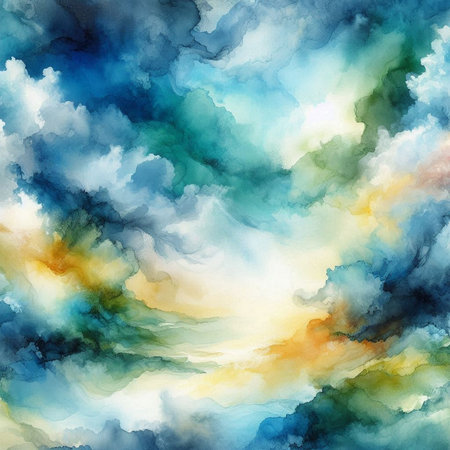Seamless watercolor background with blue, yellow and orange cloudsの素材