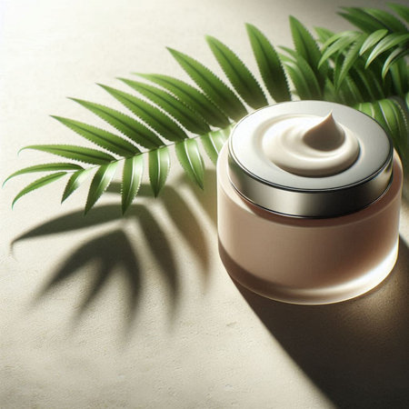 Cosmetic cream in a jar on a light background with palm leaves.の素材
