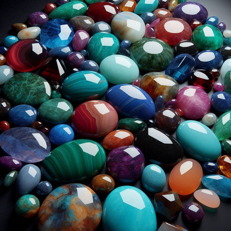 multicolored beads of various shapes and sizes on a dark backgroundの素材