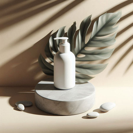 White cosmetic bottle on white stone podium with palm leaf shadow. 3d renderの素材
