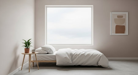 modern bedroom with white walls, concrete floor and white master bed with white linen. 3d renderの素材