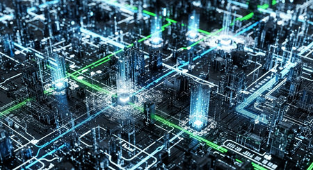 3D rendering of futuristic city with circuit board and high tech elementsの素材