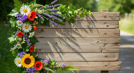 Wooden signboard with summer flowers and grass on the background.の素材