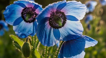 Blue poppies with dew drops on a sunny day.の素材