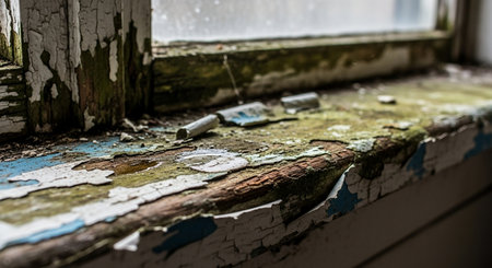 Old wooden window with peeling paint. Shallow depth of field.の素材