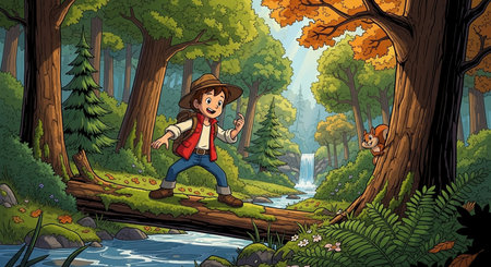 Illustration of a boy hiking in the forest with a backpack and a hatの素材