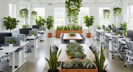 Interior of modern open space office with white walls, concrete floor, rows of computer tables and green plants. 3d renderingの素材