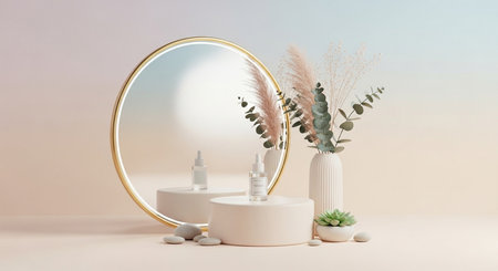 3d render of minimal display podium for cosmetic product presentation with copy space.の素材