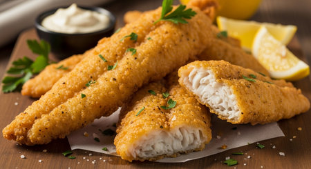 Fried fish sticks with lemon and sour cream on wooden background.の素材
