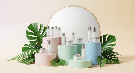 Cosmetic product display podiums with tropical leaves. 3D renderingの素材
