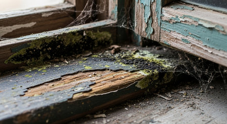 Old wooden window with green moss and spider web. Selective focus.の素材