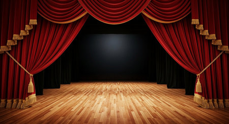 Theater stage with red curtains and wooden floor. 3d renderingの素材
