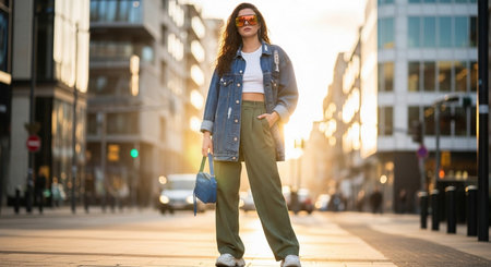 Beautiful young woman with long curly hair wearing casual clothes and sunglasses walking on the city streetの素材
