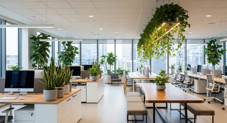 Modern office interior with computers and plants. 3d rendering mock upの素材