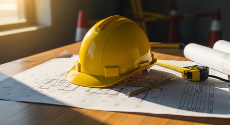 Yellow hardhat and blueprints on the desk. Construction concept.の素材
