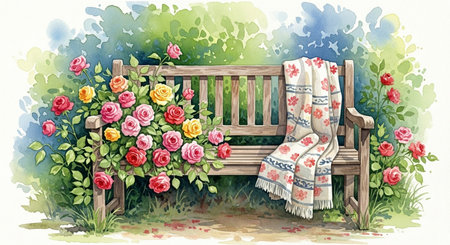 Wooden bench with a blanket and flowers. Watercolor painting.の素材