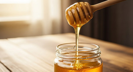 Honey dripping from a wooden honey dipper into a glass jarの素材