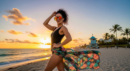 Beautiful young woman in a swimsuit and sunglasses on the beach at sunsetの素材