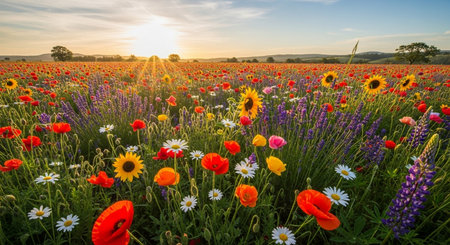 Sunset over a field of poppies and daisiesの素材