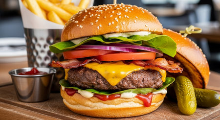 Cheese burger - American cheese burger with Golden French fries and fresh vegetablesの素材