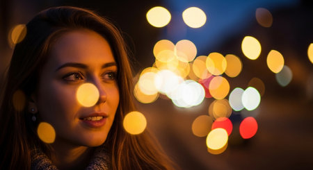 Portrait of a young beautiful woman with bokeh background.の素材